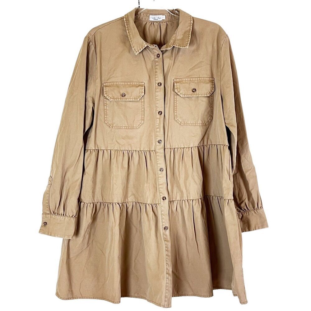 Tasha Polizzi Baby Doll Mini Shirt Dress Tunic Tiered Long Sleeve Button Tan XL